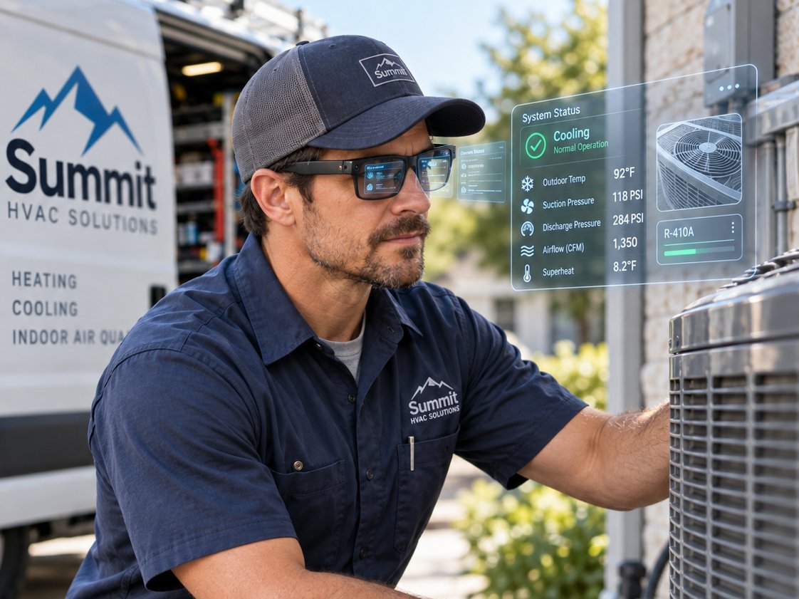 HVAC tech wearing smart glasses while checking an outdoor condenser, with system readings displayed beside him